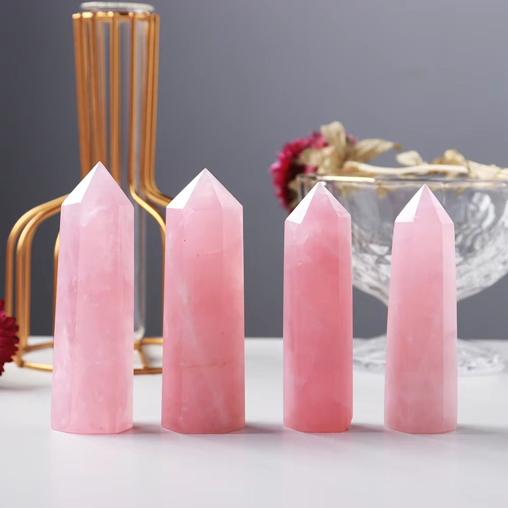 Natural Pink Crystal Point Rose Quartz Crystal Hexagonal Prism Ornament Magic Wand Healing Gemstone Crystal Tower