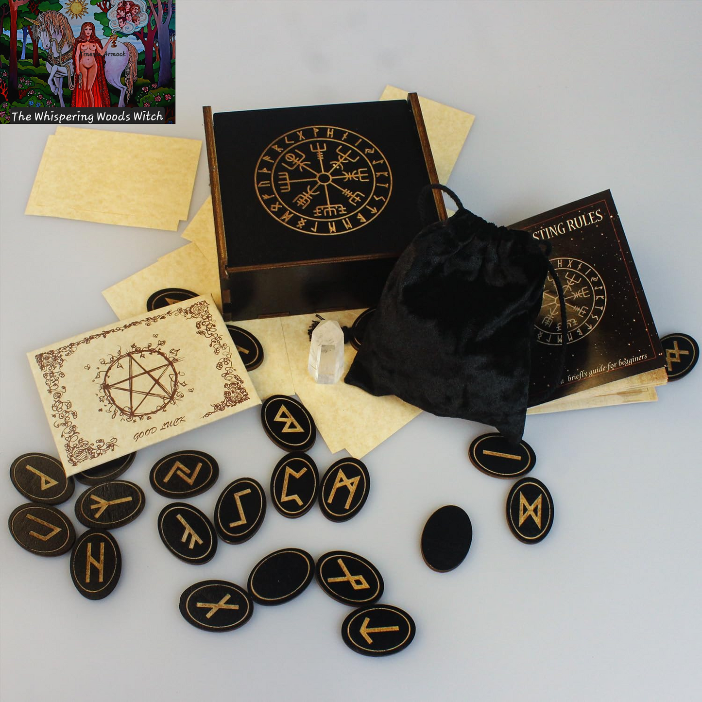 Runes, Wooden Runes Set with Guide Book, Healing Crystals, Ritual Paper, Tarot Bag, Witch Runa for Beginners, Witchcraft/Divination/Meditation/Spiritual