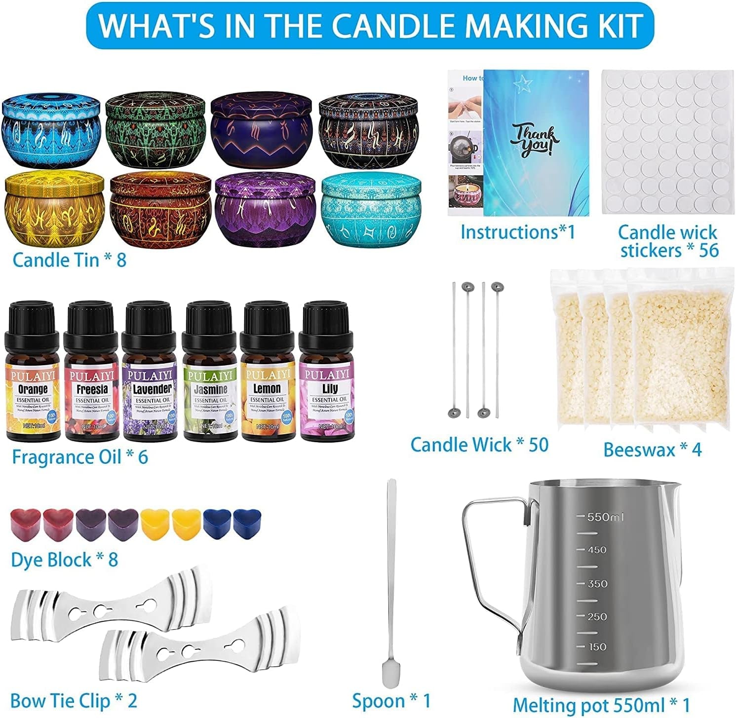Candle Making Supplies Kit for Adults Kids, DIY Scented Candle Making Kits Including Soy Wax Wicks Scents Oils Dyes Melting Pot Tins Spoon, Festival Gifts for Women