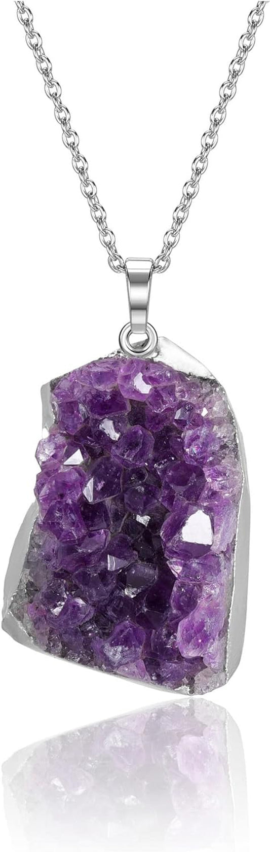 Natural Amethyst Cluster Crystal Necklace for Women Men,Irregular Raw Rough Amethyst Quartz Stone Pendant Necklace Jewelry for Spiritual Reiki Healing,Beauty, Love and Positive Energy