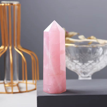 Natural Pink Crystal Point Rose Quartz Crystal Hexagonal Prism Ornament Magic Wand Healing Gemstone Crystal Tower