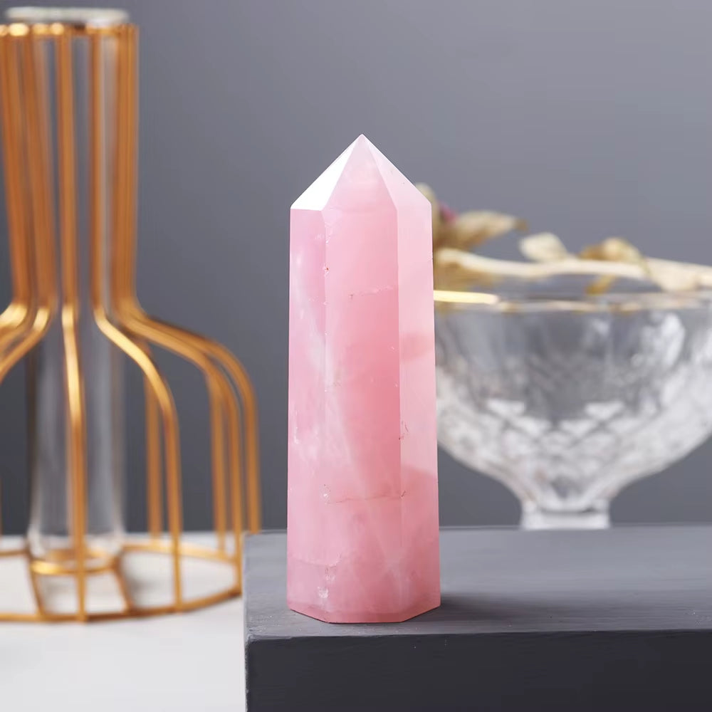 Natural Pink Crystal Point Rose Quartz Crystal Hexagonal Prism Ornament Magic Wand Healing Gemstone Crystal Tower