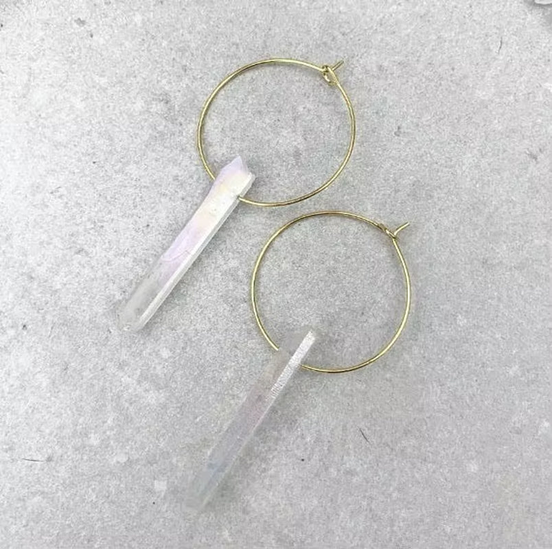 Raw Crystal Earrings Angel Aura Quartz Hoop Earrings Quartz Point Earrings