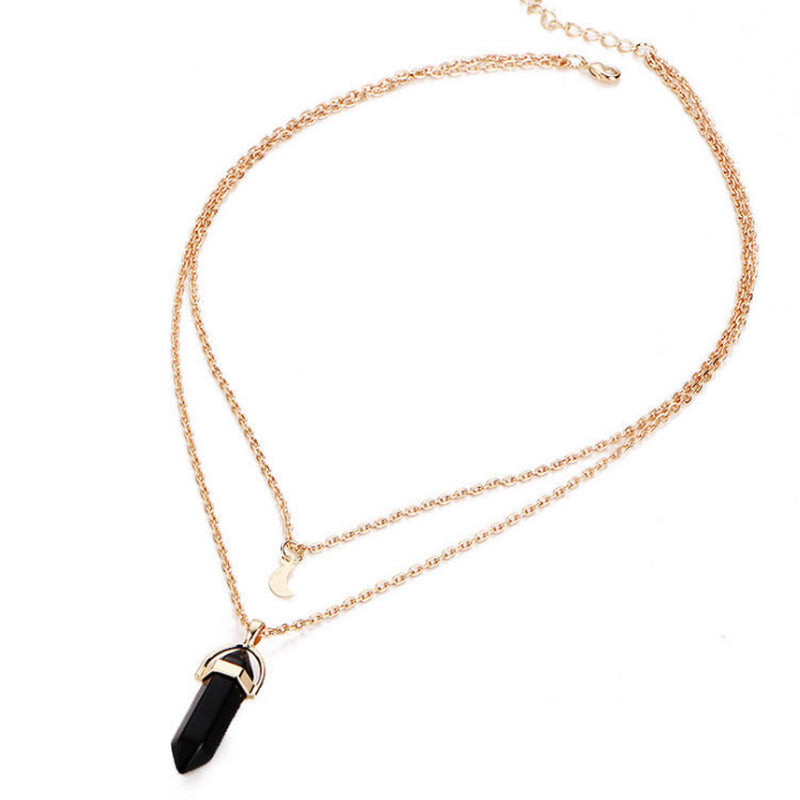 Natural Stone Glass Hexagonal Necklace Necklace European and American Fashion Double Moon Moon Crescent Bullets Pendulum Pendant Necklace