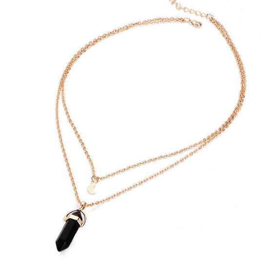 Natural Stone Glass Hexagonal Necklace Necklace European and American Fashion Double Moon Moon Crescent Bullets Pendulum Pendant Necklace