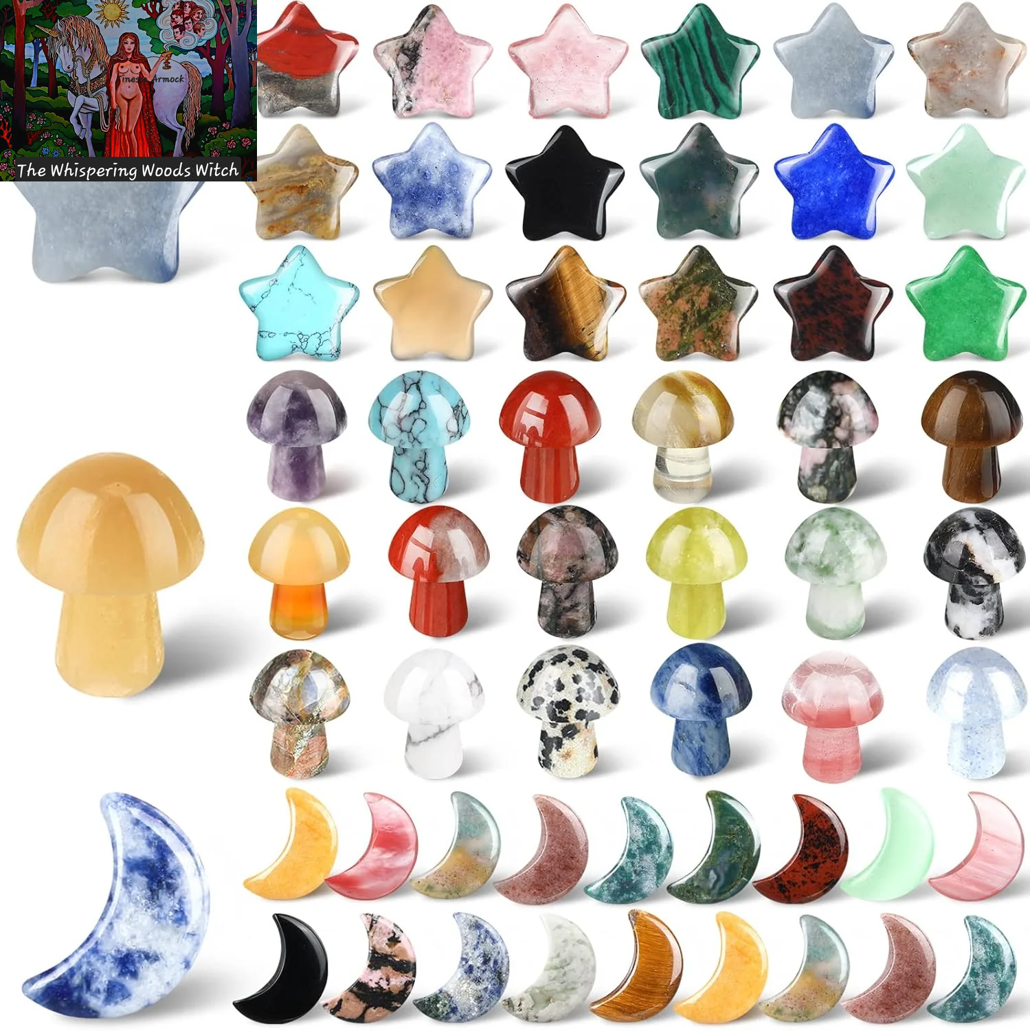 54 Pieces Worry Stones Mushroom Moon Star Shaped Crystal Bulks Mini Thumb Stones Sculpture Decor Gemstones and Crystals for Witchcraft DIY Meditation Balancing(Elegant Style)