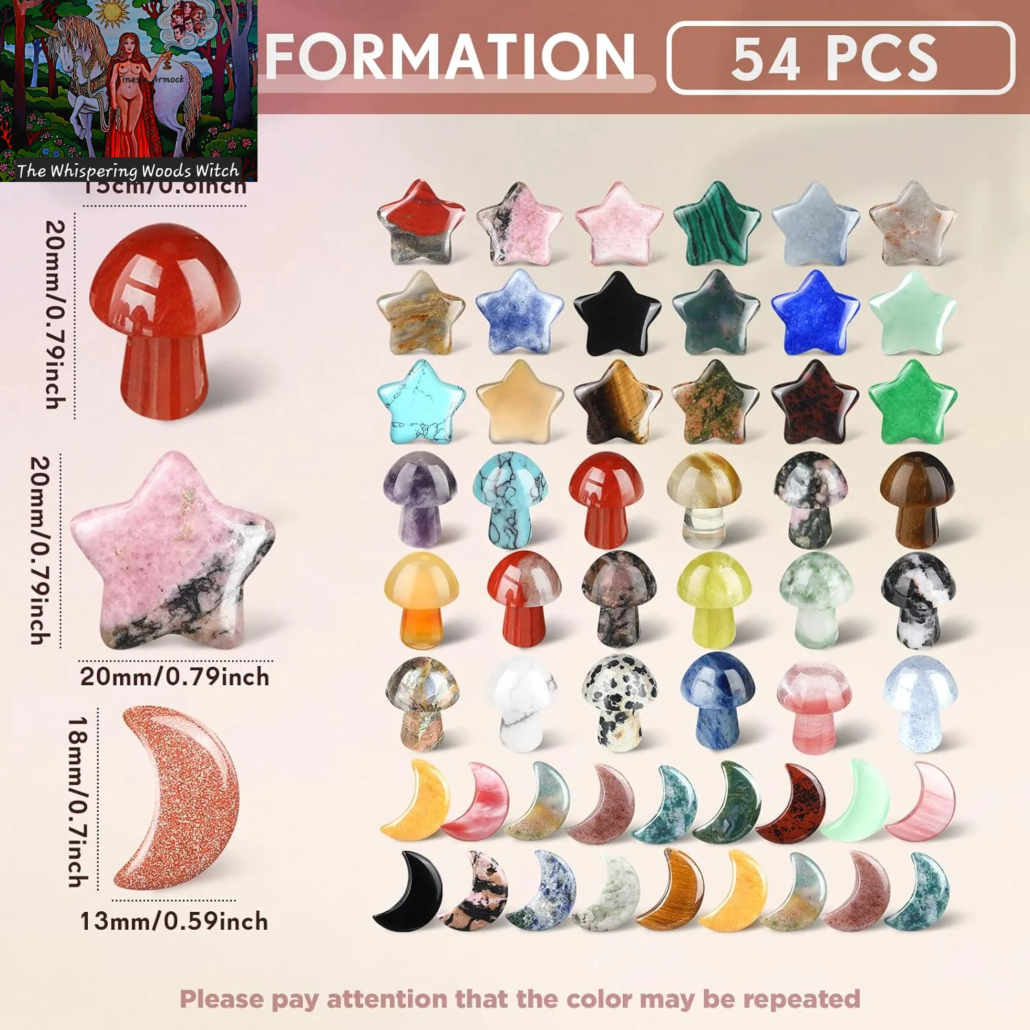 54 Pieces Worry Stones Mushroom Moon Star Shaped Crystal Bulks Mini Thumb Stones Sculpture Decor Gemstones and Crystals for Witchcraft DIY Meditation Balancing(Elegant Style)