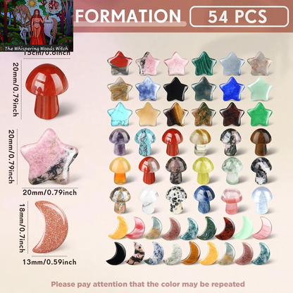 54 Pieces Worry Stones Mushroom Moon Star Shaped Crystal Bulks Mini Thumb Stones Sculpture Decor Gemstones and Crystals for Witchcraft DIY Meditation Balancing(Elegant Style)