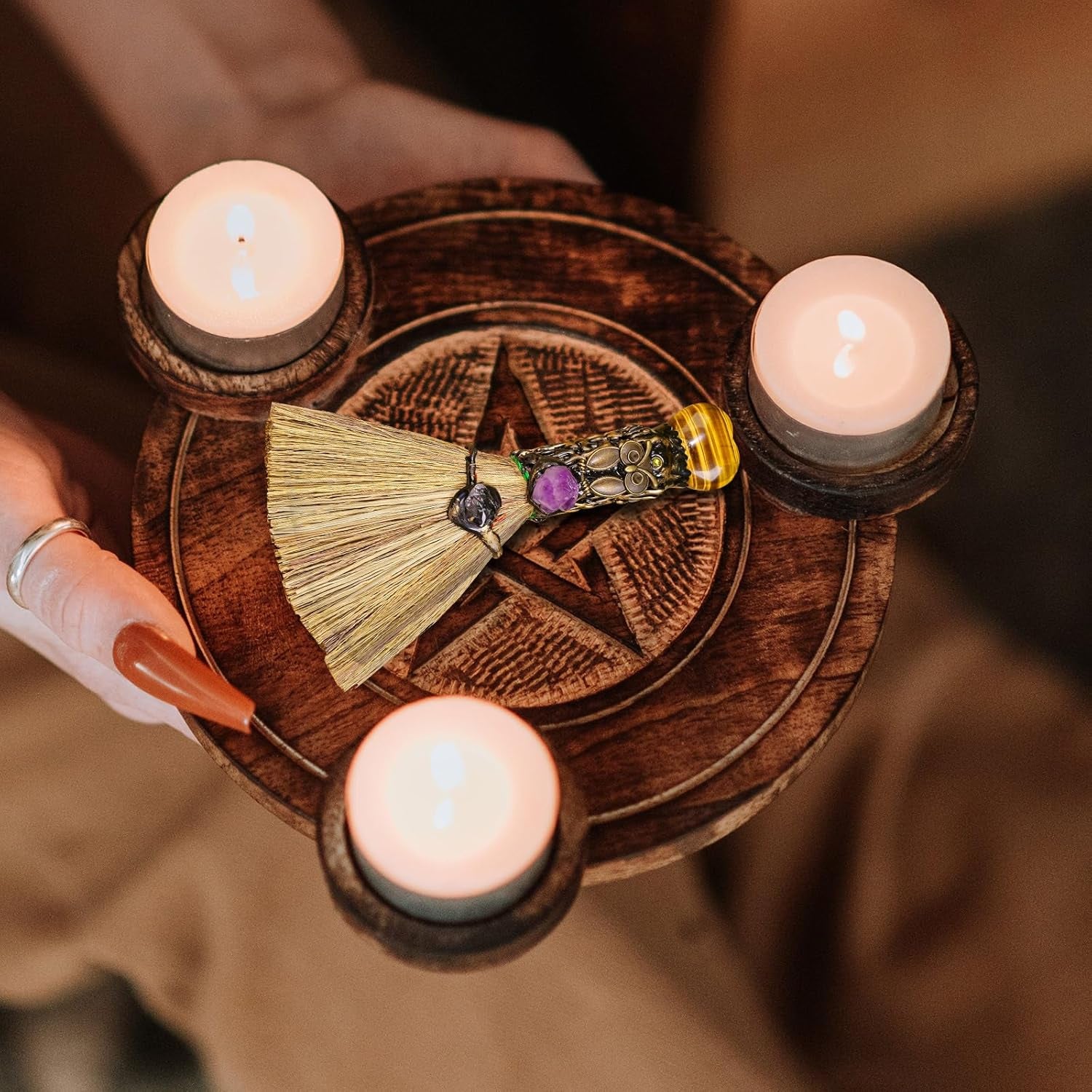 Tiger'S Eye Magic Broom - Natural Healing Crystal Witch Broom for Reiki Cleansing, Handmade Home & Office Decor, Spiritual Gift for Love & Positive Energy