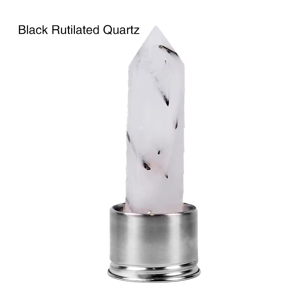 Natural Quartz Gemstone Crystal Hexagonal Pointed Column+Bottom Mesh Water Bottle Energy Crystal ( Not Include Bottle )