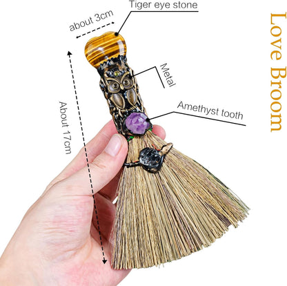 Tiger'S Eye Magic Broom - Natural Healing Crystal Witch Broom for Reiki Cleansing, Handmade Home & Office Decor, Spiritual Gift for Love & Positive Energy