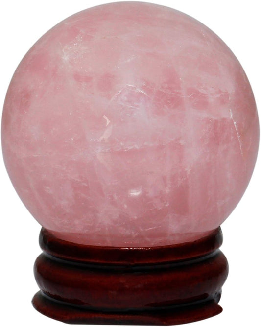 Natural Rose Quartz Crystal Ball with Wood Stand, Healing Crystals Sphere Sculpture Home Decoration, 2.15"-2.35"