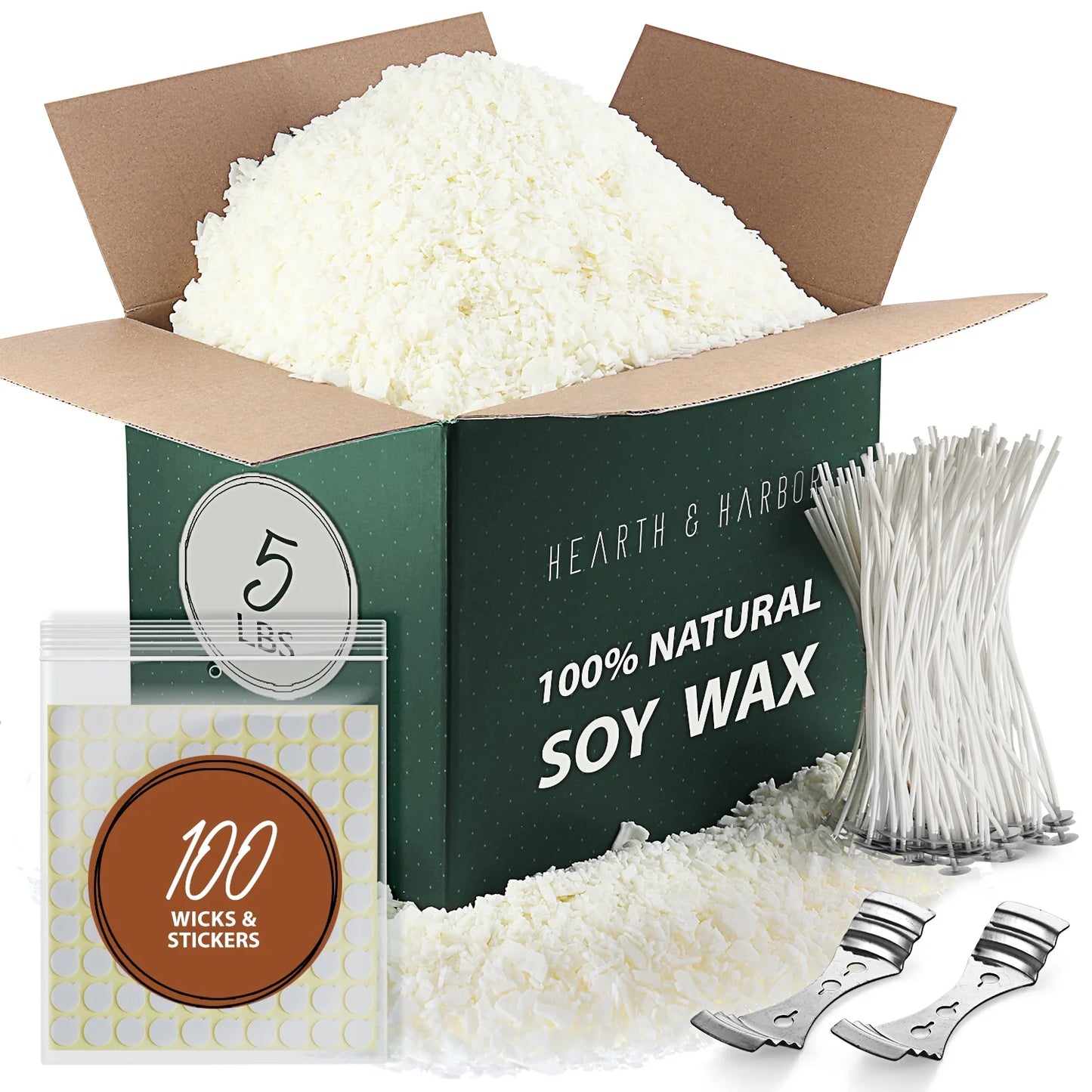 Natural Soy Candle Wax for Candle Making with DIY Candle Making Supplies, 100 Cotton Wicks, 2 Metal Centering Devices and 100 Glue Dots, 5 Lbs Soy Wax Flakes