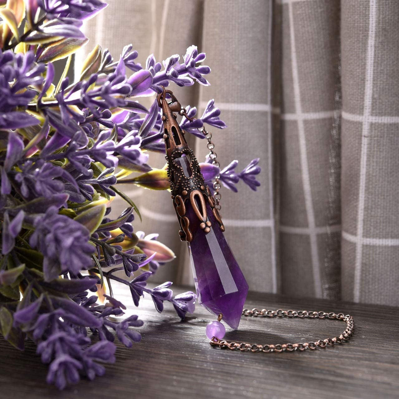 Natural Amethyst Crystal 12-Faceted Healing Pendulum for Dowsing and Divination - Reiki-Charged Chakra Balancing Pendant with Chain
