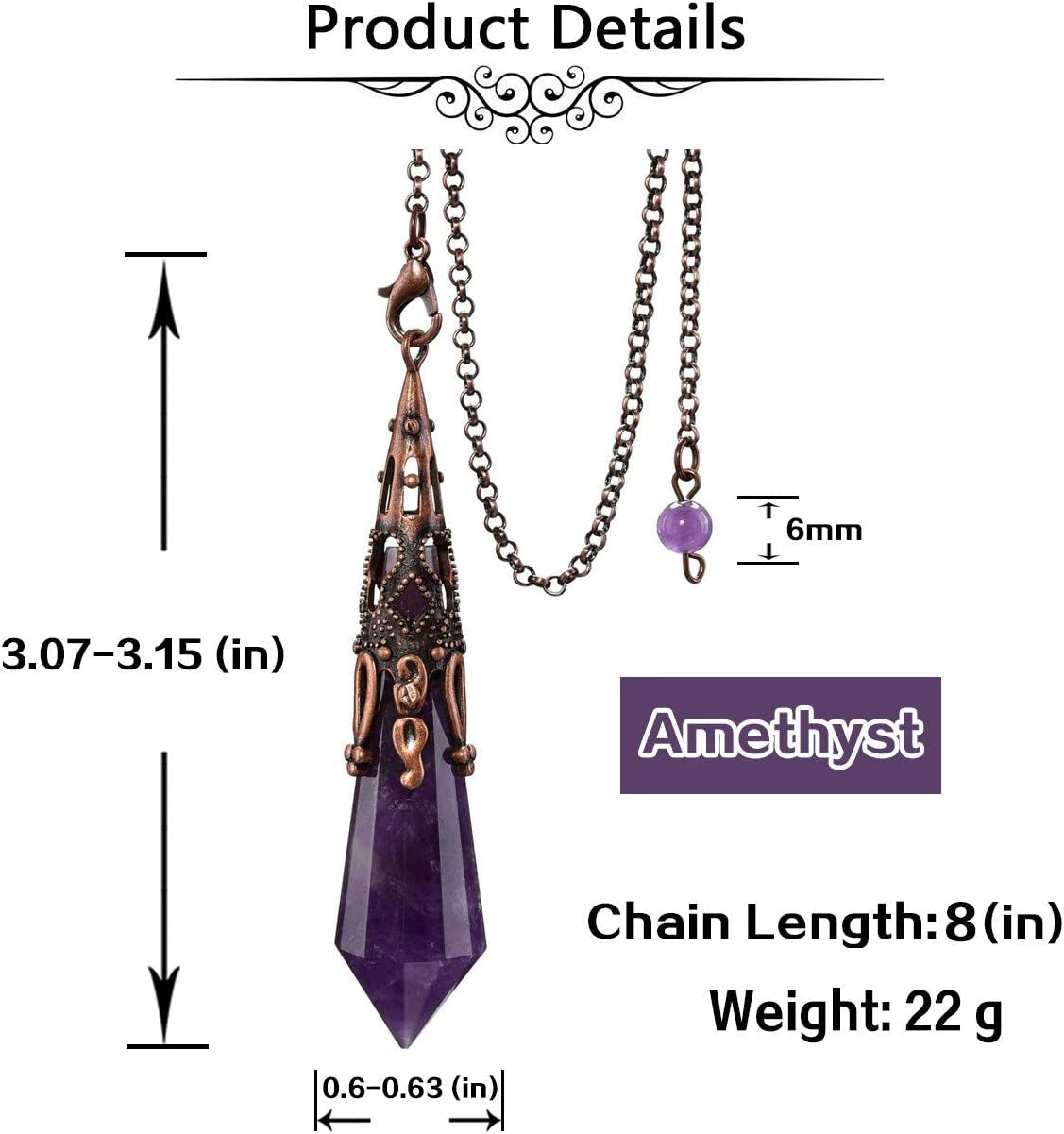 Natural Amethyst Crystal 12-Faceted Healing Pendulum for Dowsing and Divination - Reiki-Charged Chakra Balancing Pendant with Chain