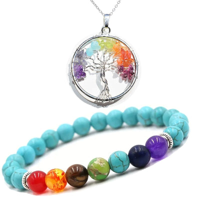 Unisex, Adult Chakra Pendant Necklace and Turquoise Energy Stone Bracelet