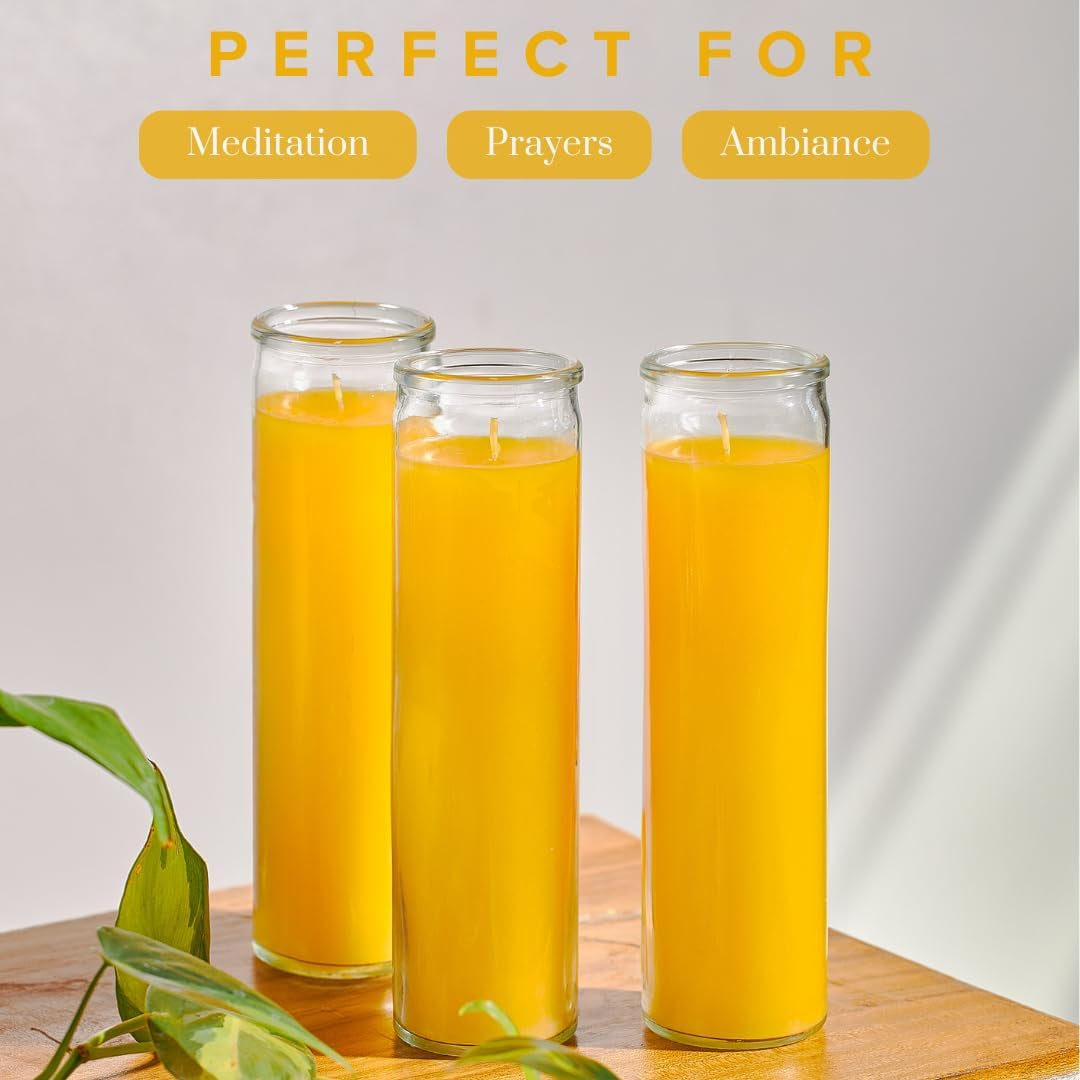 2X8 Inch Yellow Devotional Candles in Glass Jar - 3 Pack - 90 Hours – Prayer Candle - Tall Pillar Candles for Religious, Memorials, Party Decor