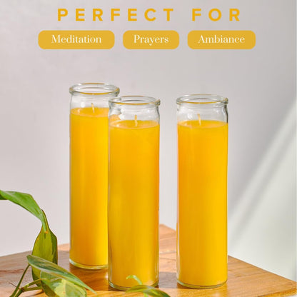 2X8 Inch Yellow Devotional Candles in Glass Jar - 3 Pack - 90 Hours – Prayer Candle - Tall Pillar Candles for Religious, Memorials, Party Decor