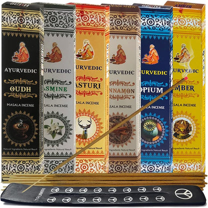 Ayurvedic Incense Sticks Variety Pack #4 and Ash Catcher Bundle with 6 Popular Fragrances