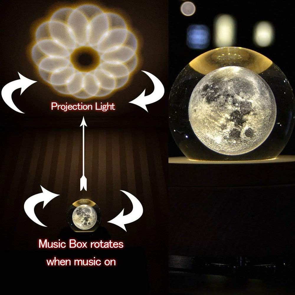 Projection LED Light-3D Crystal Ball Music Box Luminous Rotating Musical Box-Wood Base Best Gift for 【Mother'S Day Gift】 Birthday Christmas (Moon)