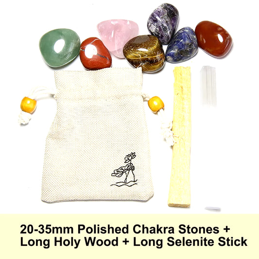 7 Chakra Balancing Healing Energy Kit Crystal Polished Stone Amethyst Clusters Gypsum Stick Citrines Holy Wood Gift Set with Bag