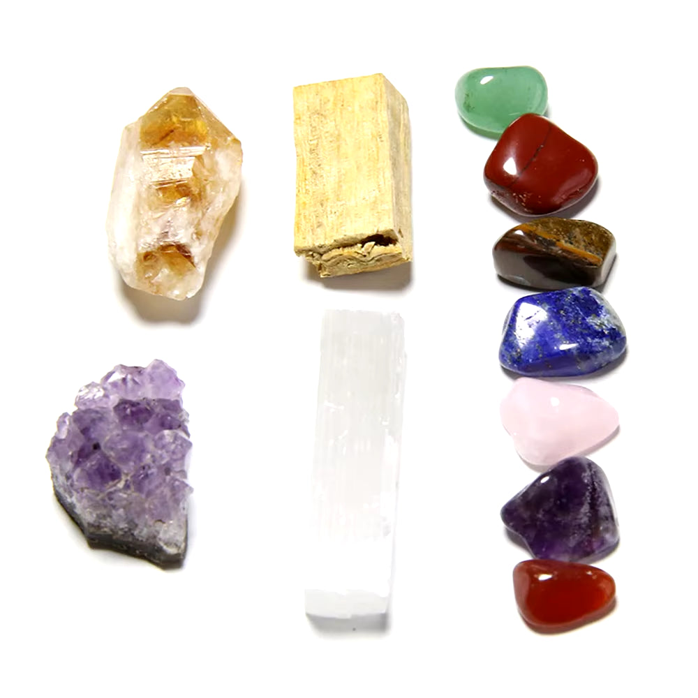 7 Chakra Balancing Healing Energy Kit Crystal Polished Stone Amethyst Clusters Gypsum Stick Citrines Holy Wood Gift Set with Bag