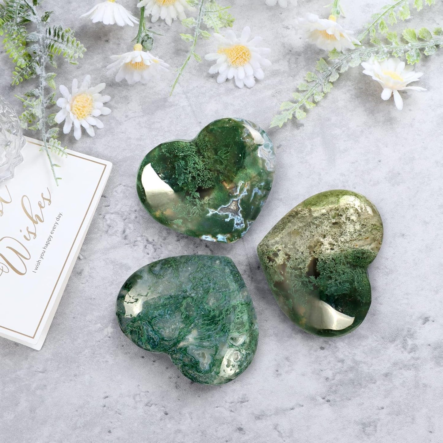 Crystals Heart 2Inch Moss Agate Heart Stones Healing Crystal Carved Palm Worry Stone Gemstone Chakra Reiki Balancing Meditation Massag Gift