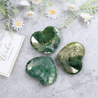 Crystals Heart 2Inch Moss Agate Heart Stones Healing Crystal Carved Palm Worry Stone Gemstone Chakra Reiki Balancing Meditation Massag Gift