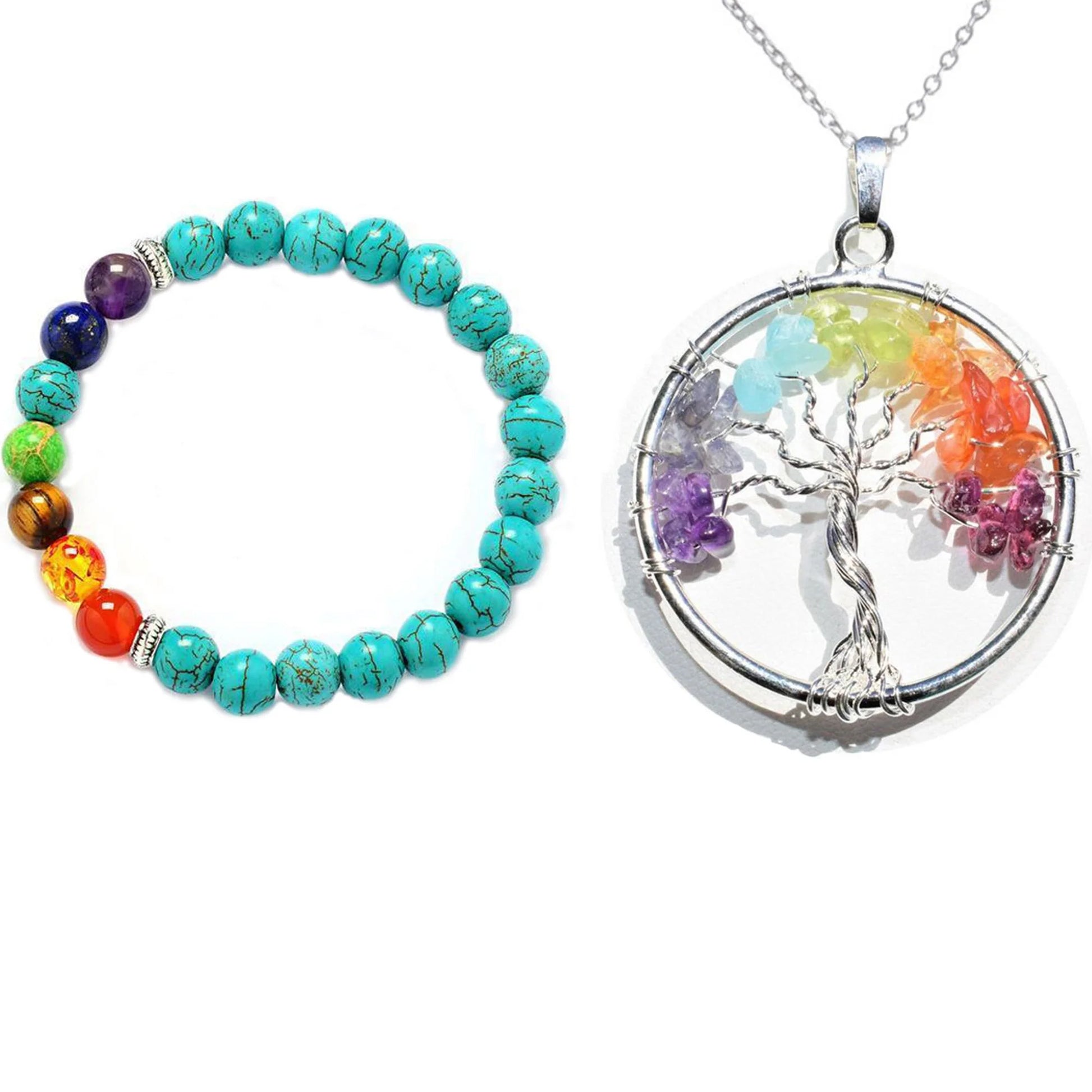 Unisex, Adult Chakra Pendant Necklace and Turquoise Energy Stone Bracelet