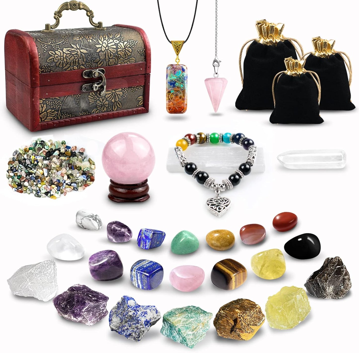 Healing Crystals Set, 28 Pcs Crystals and Healing Stones 7 Chakra Stones Kit for Beginners Raw Protection Reiki Spiritual Energy Meditation Natural Gem with Wooden Box, Crystals Gifts for Women
