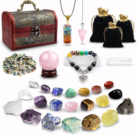 Healing Crystals Set, 28 Pcs Crystals and Healing Stones 7 Chakra Stones Kit for Beginners Raw Protection Reiki Spiritual Energy Meditation Natural Gem with Wooden Box, Crystals Gifts for Women