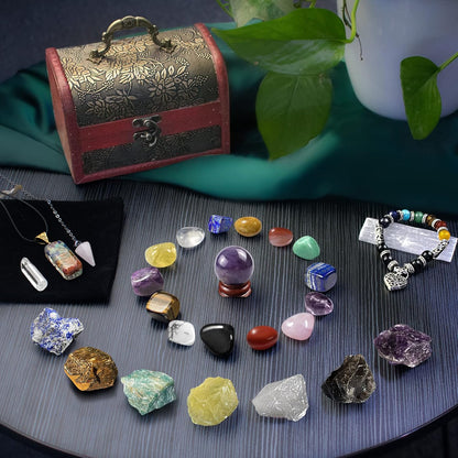 Crystals and Healing Stones Set, Chakra Crystal Kit, 28 Pcs Real Crystals for Beginners Rocks Gem Stones Energy Meditation Natural Reiki Spiritual Balancing Mindful Souls, Crystals Set Gifts for Women
