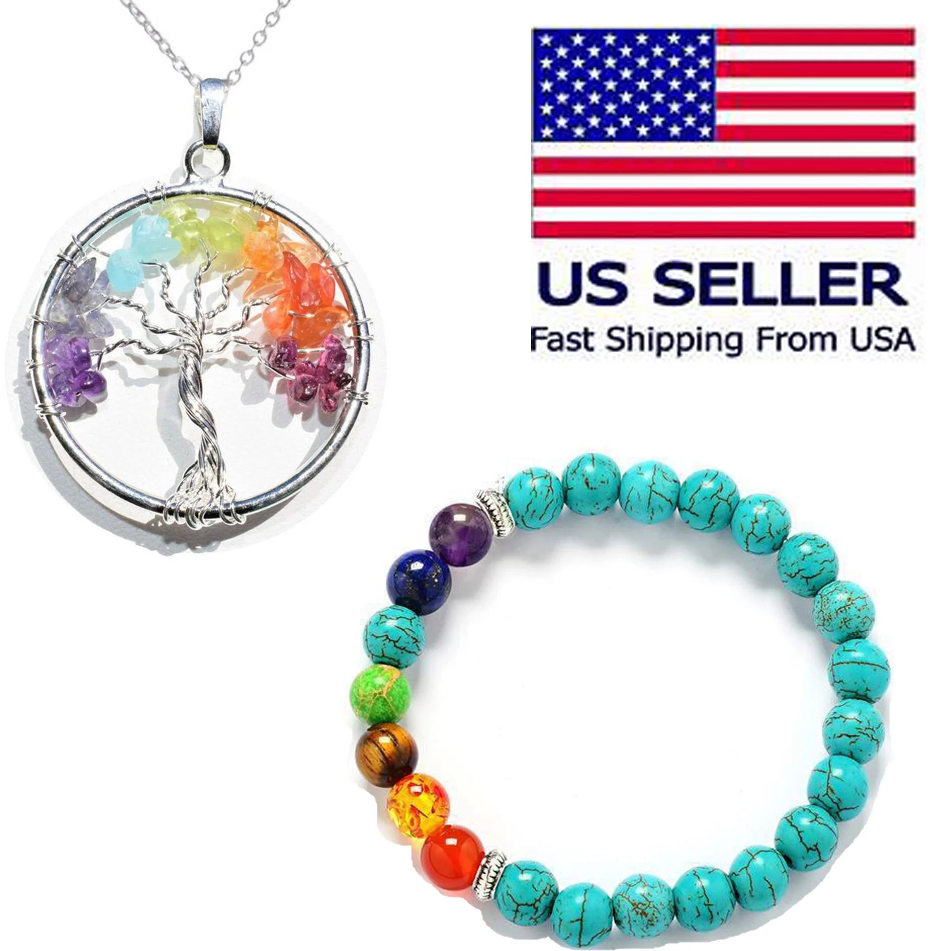Unisex, Adult Chakra Pendant Necklace and Turquoise Energy Stone Bracelet