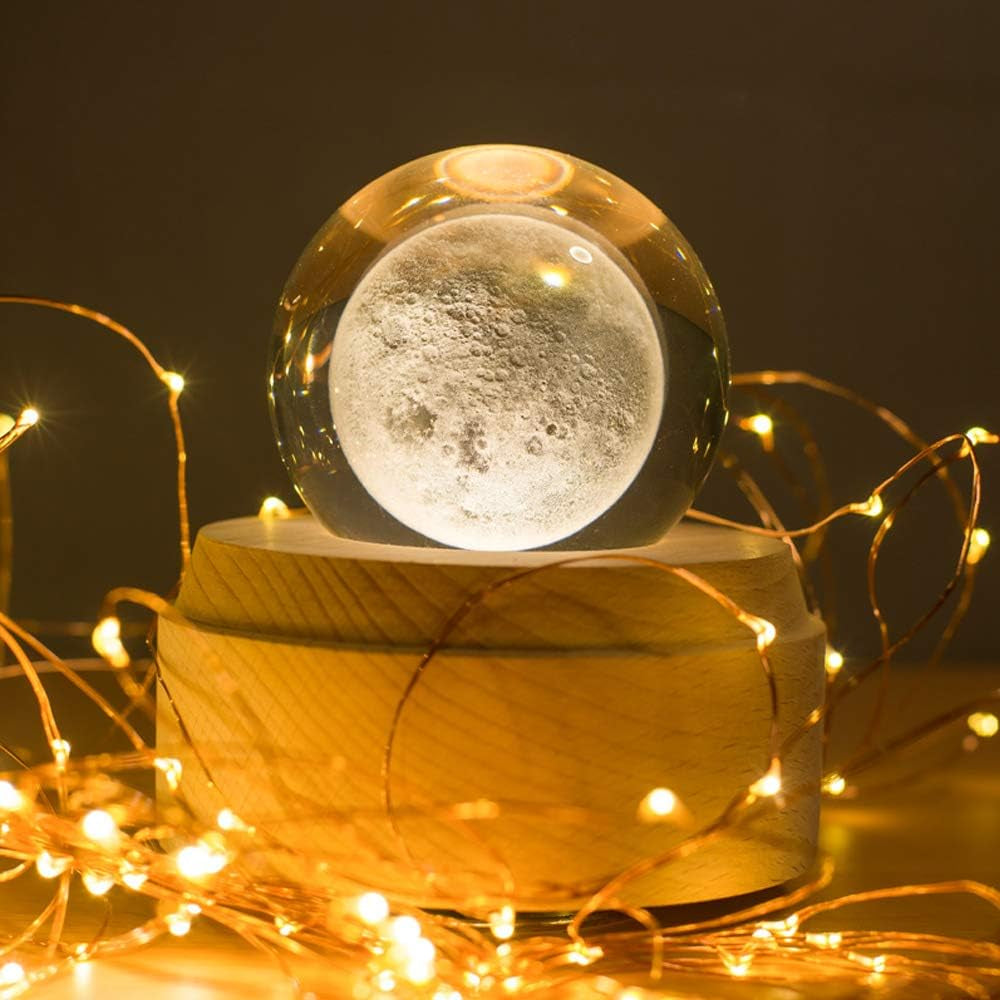 Projection LED Light-3D Crystal Ball Music Box Luminous Rotating Musical Box-Wood Base Best Gift for 【Mother'S Day Gift】 Birthday Christmas (Moon)