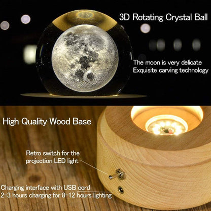 Projection LED Light-3D Crystal Ball Music Box Luminous Rotating Musical Box-Wood Base Best Gift for 【Mother'S Day Gift】 Birthday Christmas (Moon)
