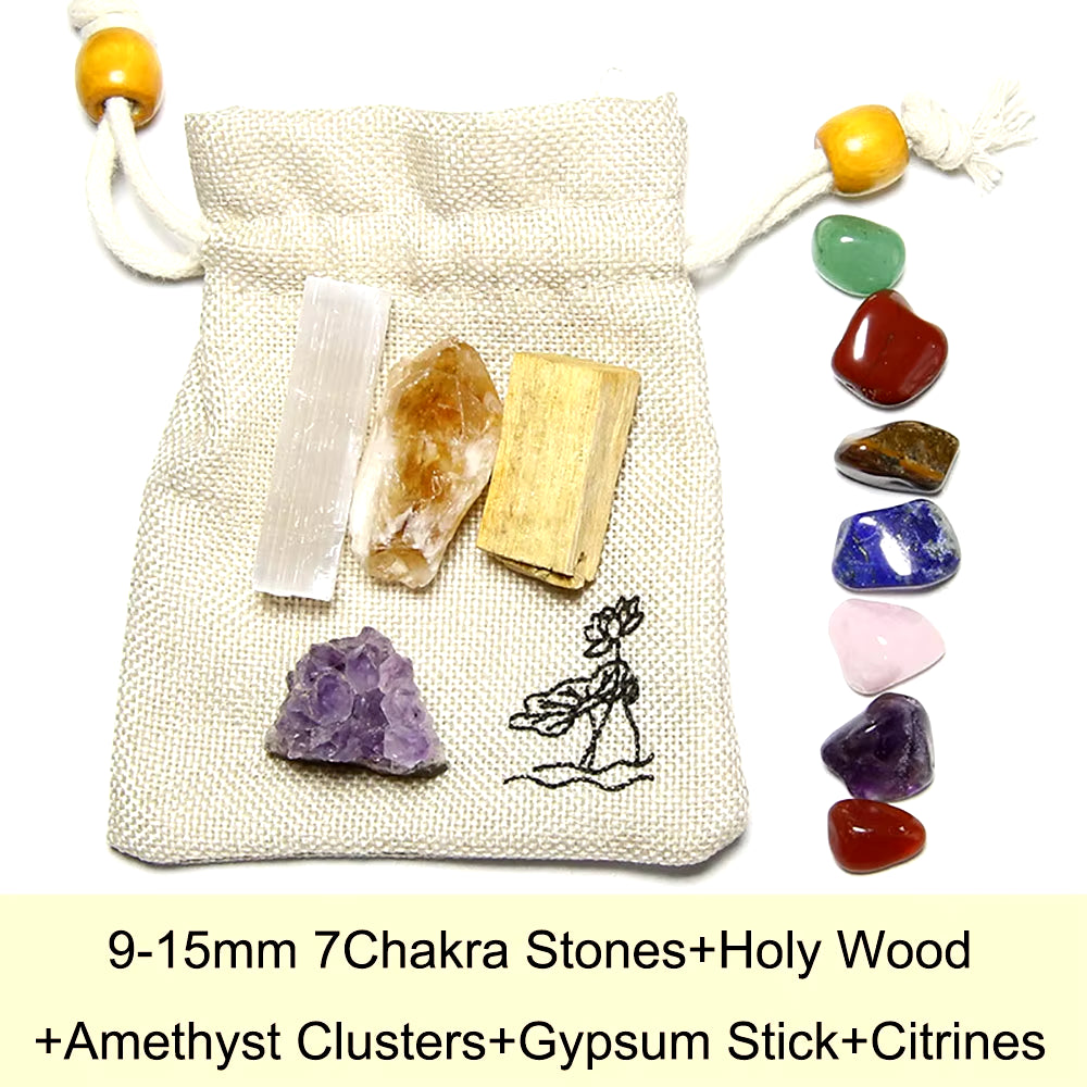 7 Chakra Balancing Healing Energy Kit Crystal Polished Stone Amethyst Clusters Gypsum Stick Citrines Holy Wood Gift Set with Bag