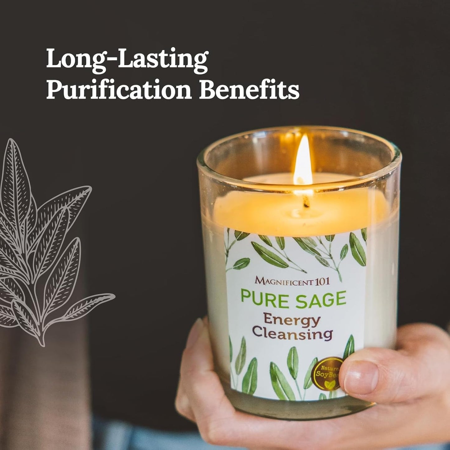 Set of 3 Long Lasting Pure Sage Smudge Candles - 42-Hour Burn, 3.5 Oz Each, Soy Wax, Sage Cleansing for House Energy, Meditation & Manifestation