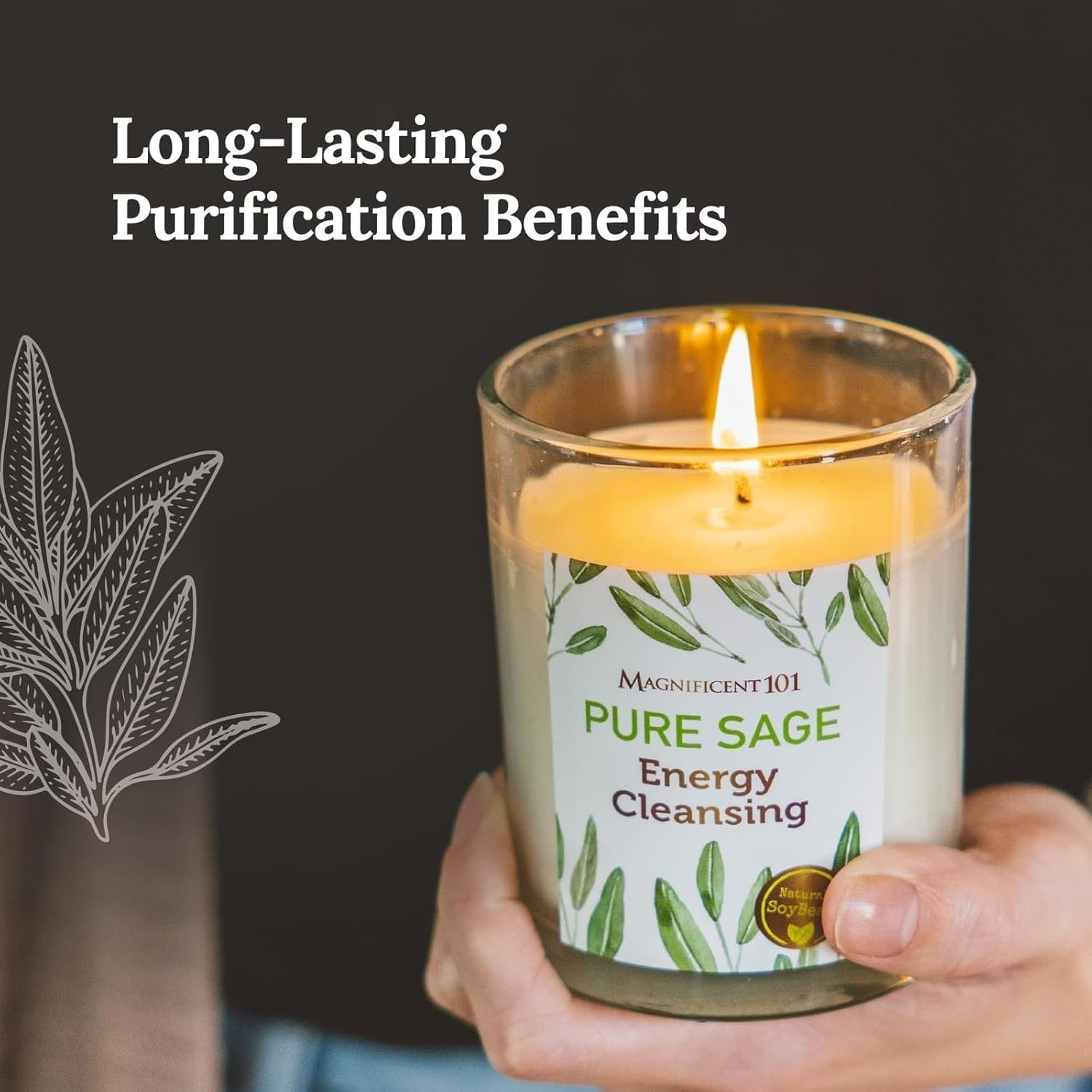 Set of 3 Long Lasting Pure Sage Smudge Candles - 42-Hour Burn, 3.5 Oz Each, Soy Wax, Sage Cleansing for House Energy, Meditation & Manifestation
