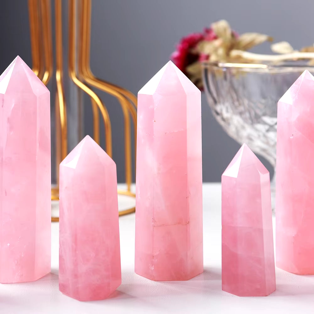 Natural Pink Crystal Point Rose Quartz Crystal Hexagonal Prism Ornament Magic Wand Healing Gemstone Crystal Tower