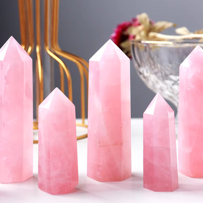 Natural Pink Crystal Point Rose Quartz Crystal Hexagonal Prism Ornament Magic Wand Healing Gemstone Crystal Tower