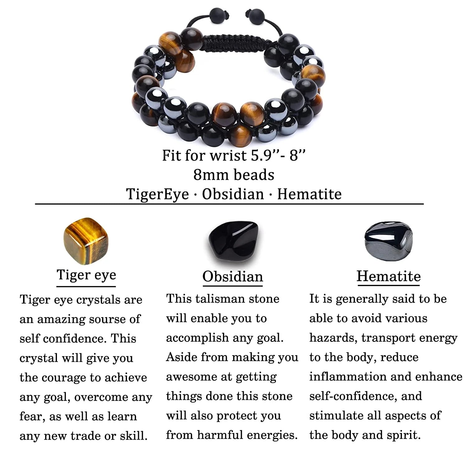 Healing Tigers Eye Black Obsidian Hematite 8Mm Stone Beads Good Luck Triple Protection Bracelet for Men Women