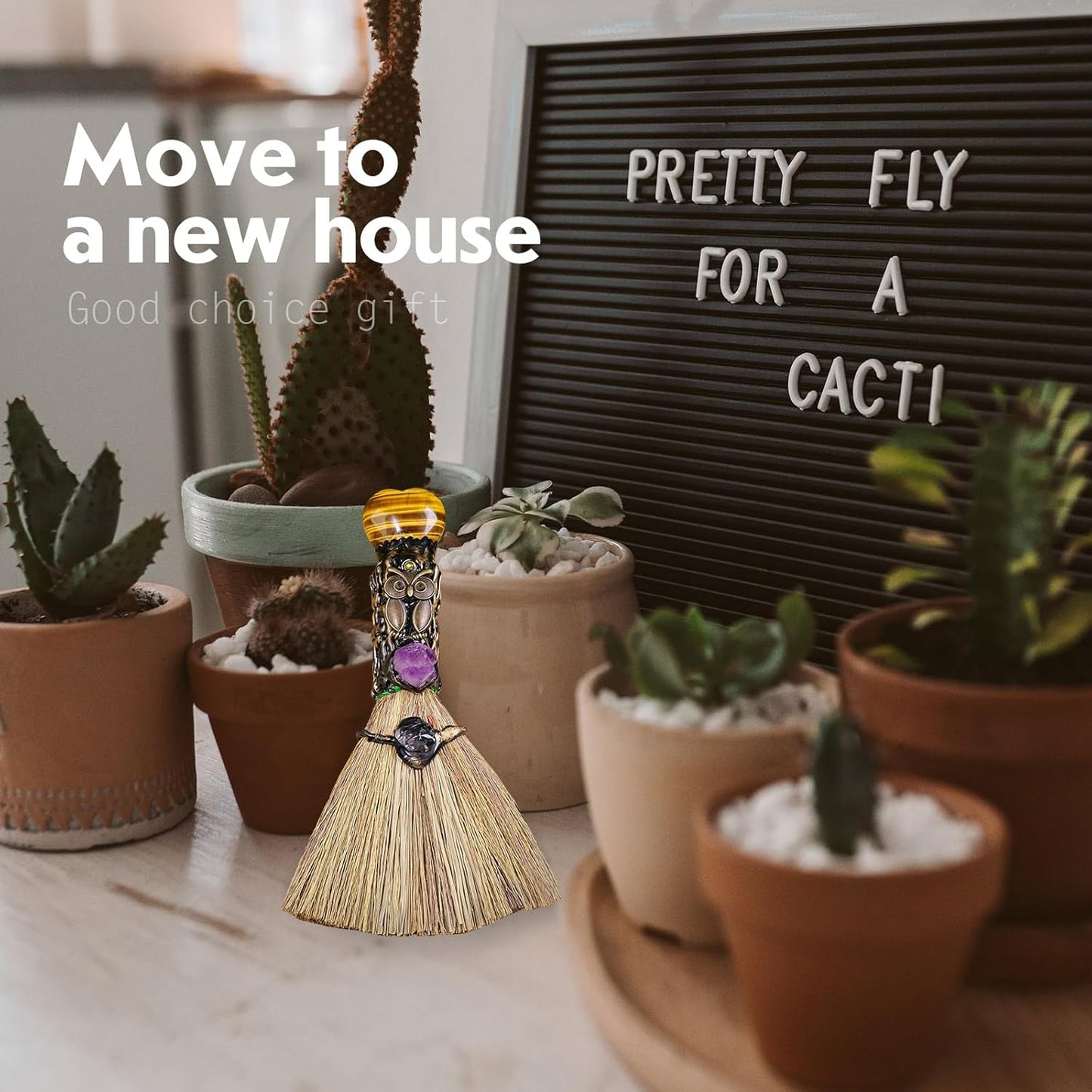 Tiger'S Eye Magic Broom - Natural Healing Crystal Witch Broom for Reiki Cleansing, Handmade Home & Office Decor, Spiritual Gift for Love & Positive Energy