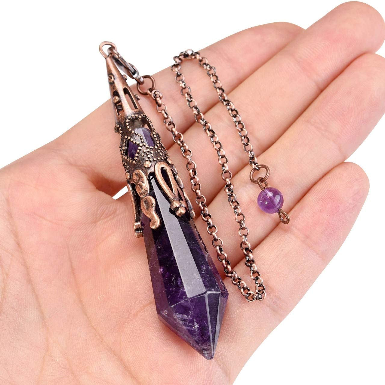 Natural Amethyst Crystal 12-Faceted Healing Pendulum for Dowsing and Divination - Reiki-Charged Chakra Balancing Pendant with Chain