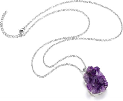 Natural Amethyst Cluster Crystal Necklace for Women Men,Irregular Raw Rough Amethyst Quartz Stone Pendant Necklace Jewelry for Spiritual Reiki Healing,Beauty, Love and Positive Energy