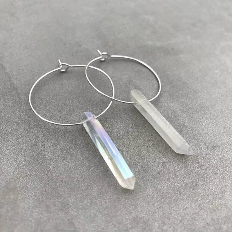 Raw Crystal Earrings Angel Aura Quartz Hoop Earrings Quartz Point Earrings