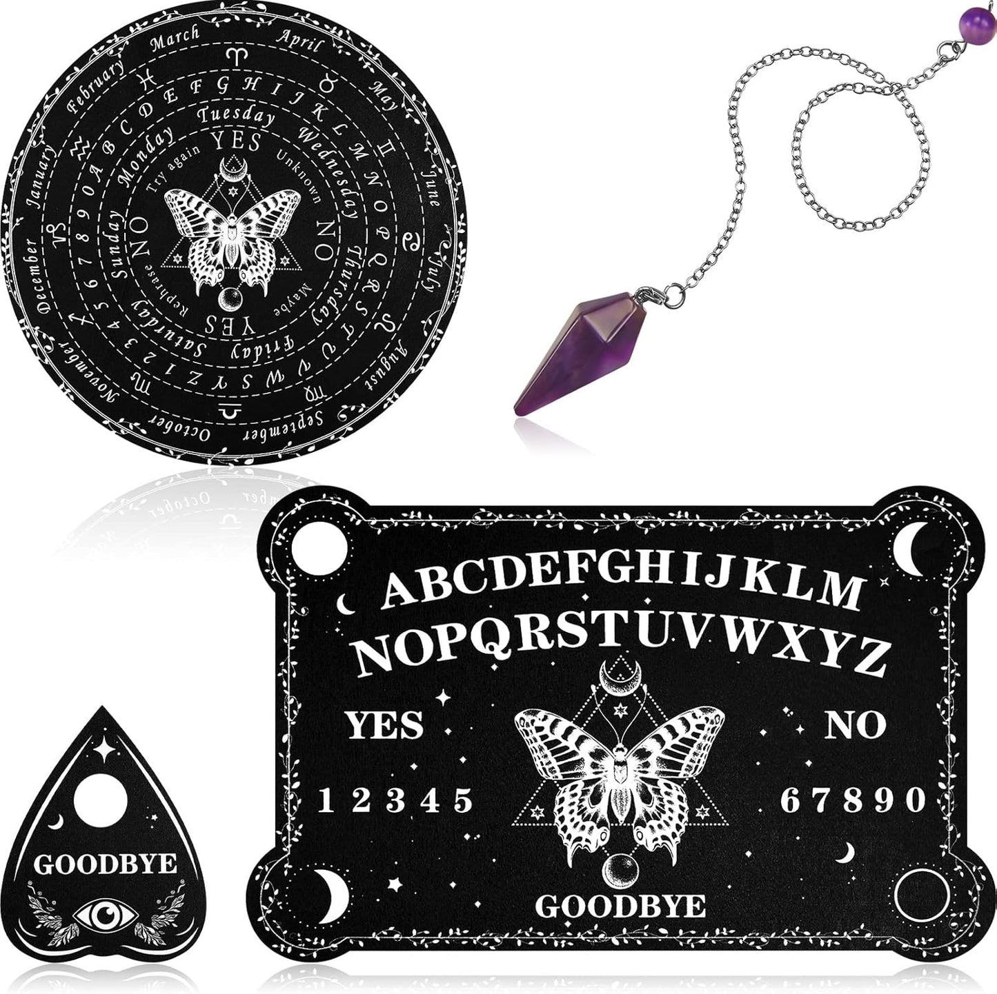 Pendulum Dowsing Divination Board with Amethyst Set Wooden Spirit Talking Board Metaphysical Message Crystal Pendulum Necklace with Planchette for Wiccan Supply(Butterfly Style)