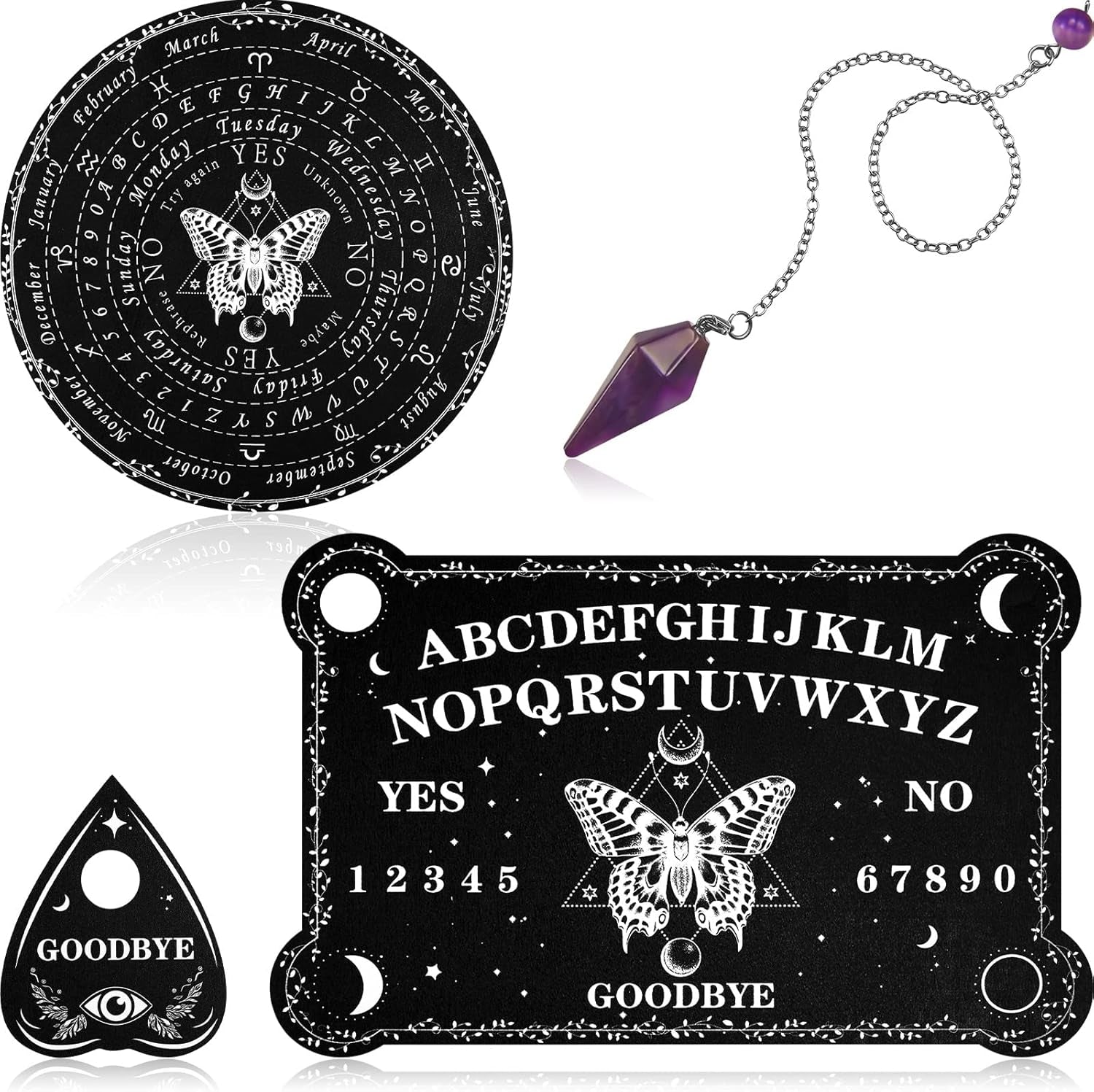 Pendulum Dowsing Divination Board with Amethyst Set Wooden Spirit Talking Board Metaphysical Message Crystal Pendulum Necklace with Planchette for Wiccan Supply(Butterfly Style)