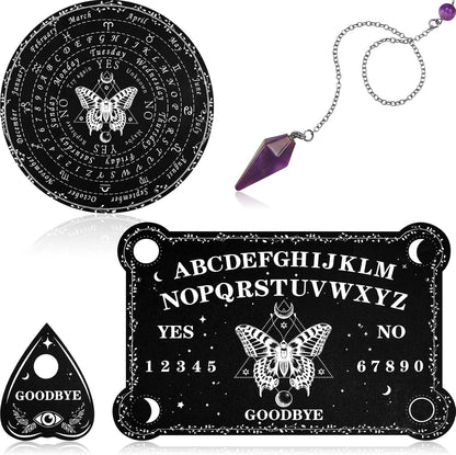 Pendulum Dowsing Divination Board with Amethyst Set Wooden Spirit Talking Board Metaphysical Message Crystal Pendulum Necklace with Planchette for Wiccan Supply(Butterfly Style)