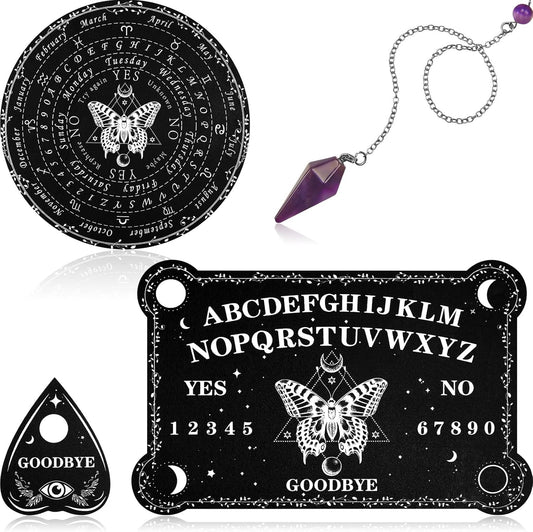 Pendulum Dowsing Divination Board with Amethyst Set Wooden Spirit Talking Board Metaphysical Message Crystal Pendulum Necklace with Planchette for Wiccan Supply(Butterfly Style)