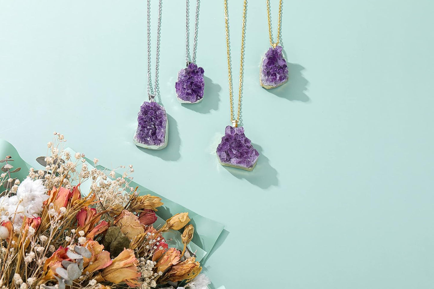 Natural Amethyst Cluster Crystal Necklace for Women Men,Irregular Raw Rough Amethyst Quartz Stone Pendant Necklace Jewelry for Spiritual Reiki Healing,Beauty, Love and Positive Energy